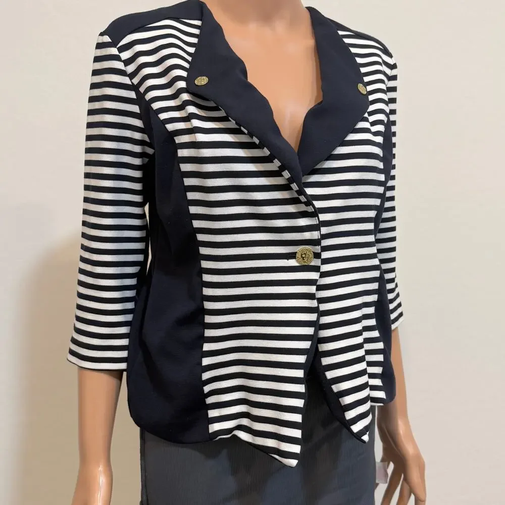 Anne Klein small stripe color block 1/2 sleeve jacket blazer C2 2405